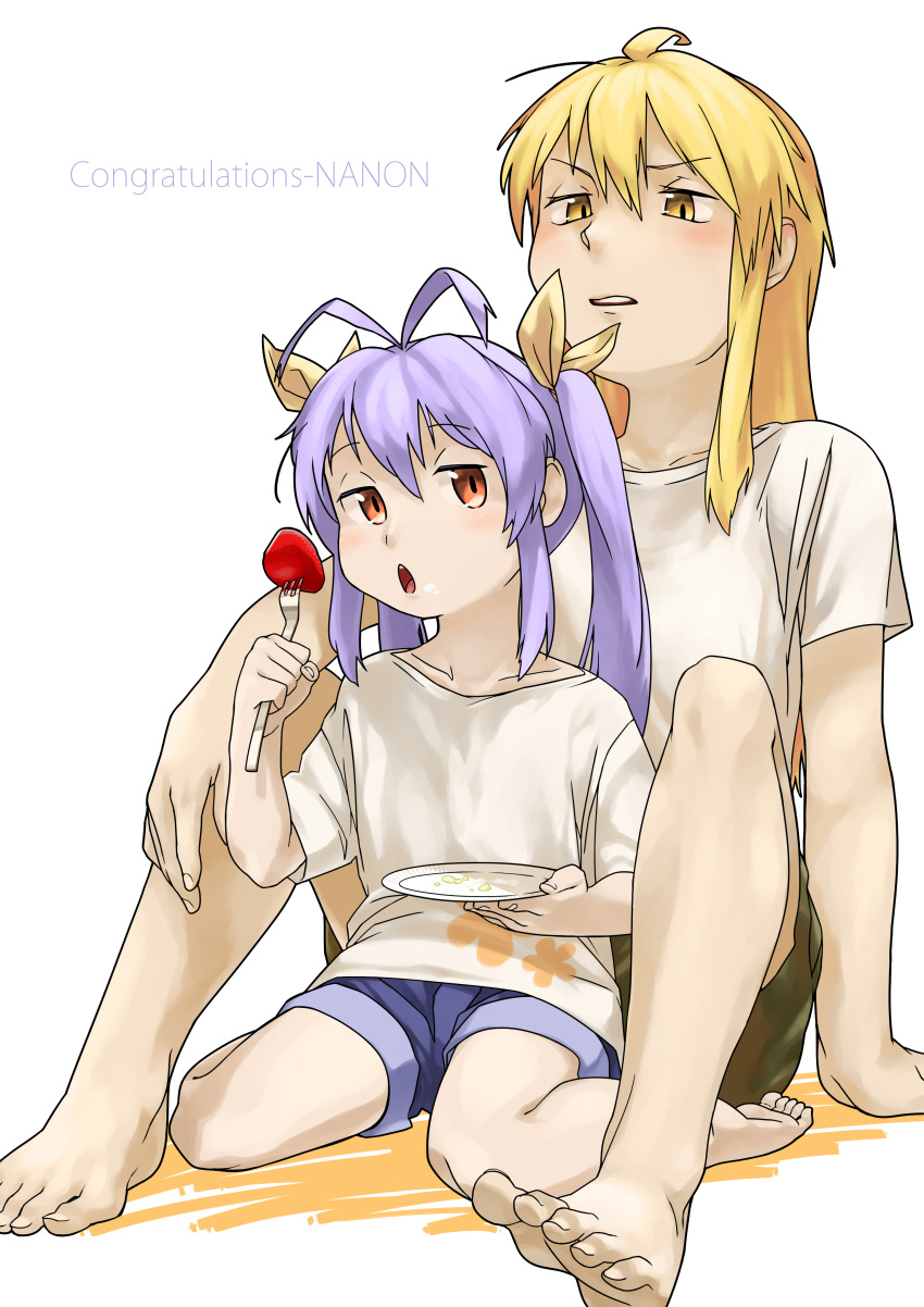 2girls, absurdres, antenna_hair, arm_support, bangs, bare_arms, bare_legs, barefoot