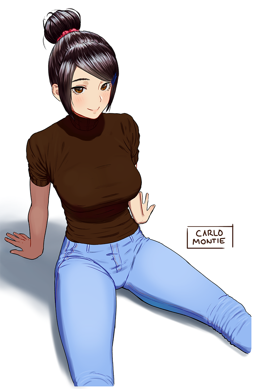 1girl, arm_support, artist_name, bangs, black_hair, blue_pants, blush, breasts