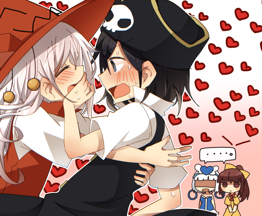 ..., 4girls, :d, bangs, bare_shoulders, black_dress, black_eyes, black_hair, black_hat, blue_dress, blush, bow, brown_eyes, brown_hair, character_request, closed_eyes, commentary_request, dress, eyebrows_visible_through_hair, faceless, faceless_female, gradient, gradient_background, hair_between_eyes, hair_bow, hair_ornament, hat, heart, high_ponytail, highres, hug, long_hair, moca_cofi, moochasu, multiple_girls, open_mouth, pink_background, ponytail, print_hat, profile, puffy_short_sleeves, puffy_sleeves, red_dress, red_hat, shared_speech_bubble, shirt, shitada, short_sleeves, silver_hair, skull_print, sleeveless, sleeveless_dress, smile, speech_bubble, spoken_ellipsis, strapless, strapless_dress, sweat, towelket_wo_mou_ichido, very_long_hair, white_background, white_shirt, witch_hat, yellow_bow, yellow_dress