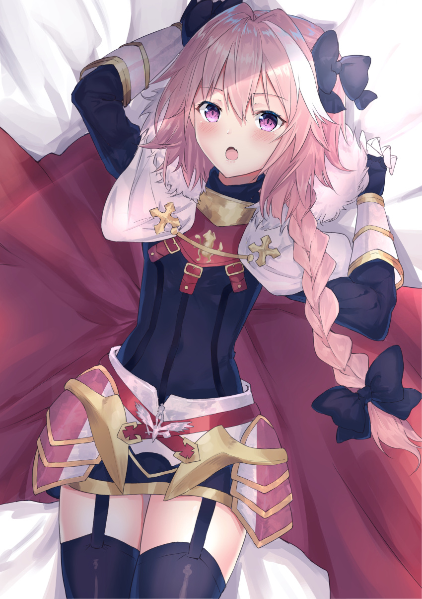 1boy, absurdres, astolfo_(fate), black_bow, black_legwear, blush, bow, braid