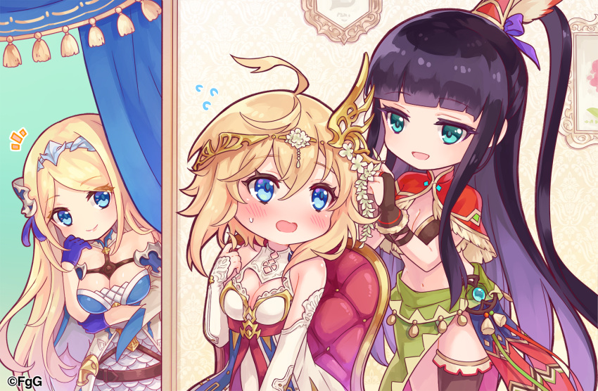 3girls, ahoge, aqua_eyes, asymmetrical_legwear, black_hair, blonde_hair, blue_eyes, blush