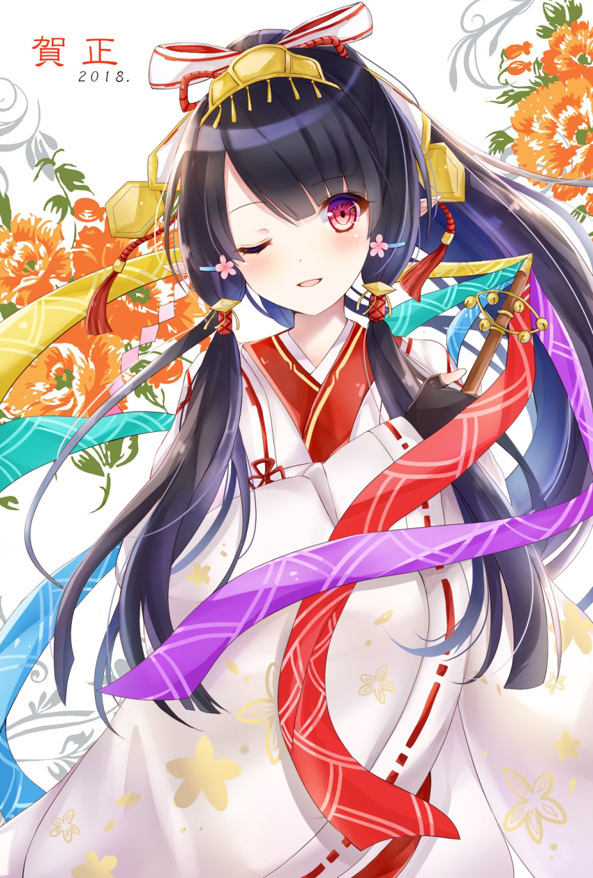 1girl, 2018, ;d, anette_(pso2), black_gloves, black_hair, fingerless_gloves, floating_hair