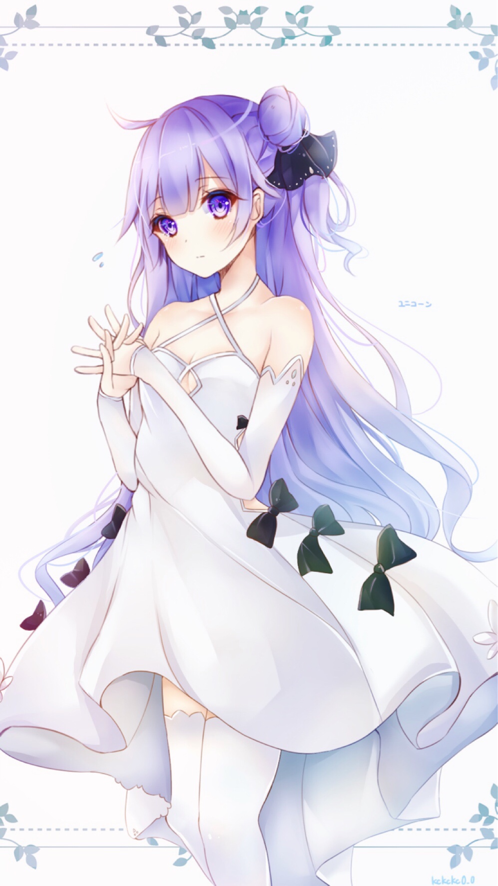 1girl, azur_lane, bangs, black_bow, bow, breasts, cleavage, detached_sleeves, dress, eyebrows_visible_through_hair, hair_between_eyes, hair_ornament, halterneck, highres, kckckc0_0, long_hair, purple_hair, sleeveless, sleeveless_dress, small_breasts, solo, standing, thigh-highs, unicorn_(azur_lane), very_long_hair, violet_eyes, white_background, white_dress, white_legwear