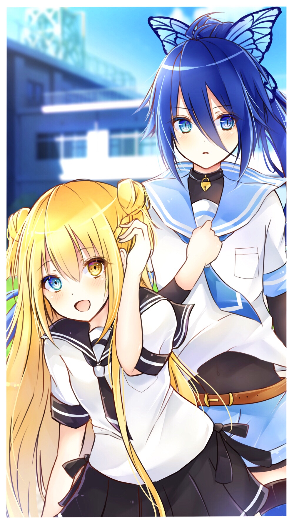 1boy, 1girl, :d, adjusting_hair, androgynous, bangs, black_neckwear, black_skirt