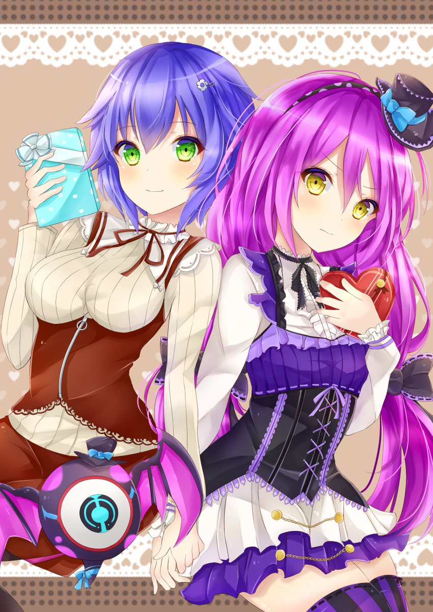 2girls, absurdres, bangs, black_hat, black_ribbon, blue_hair, blunt_bangs, box
