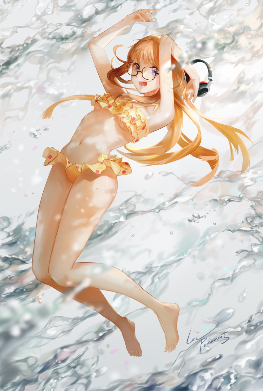 1girl, absurdres, armpits, arms_up, barefoot, bikini, bikini_skirt, black-framed_eyewear, blonde_hair, blue_eyes, breasts, cleavage, floating_hair, frilled_bikini, frills, full_body, glasses, grey_background, headphones_removed, highres, leiq, long_hair, navel, open_mouth, persona, persona_5, sakura_futaba, signature, small_breasts, solo, swimsuit, under_boob, underwear, very_long_hair, water