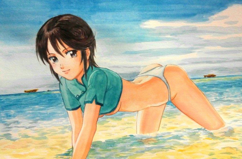 1girl, absurdres, all_fours, ass, beach, black_eyes, black_hair, blue_sky