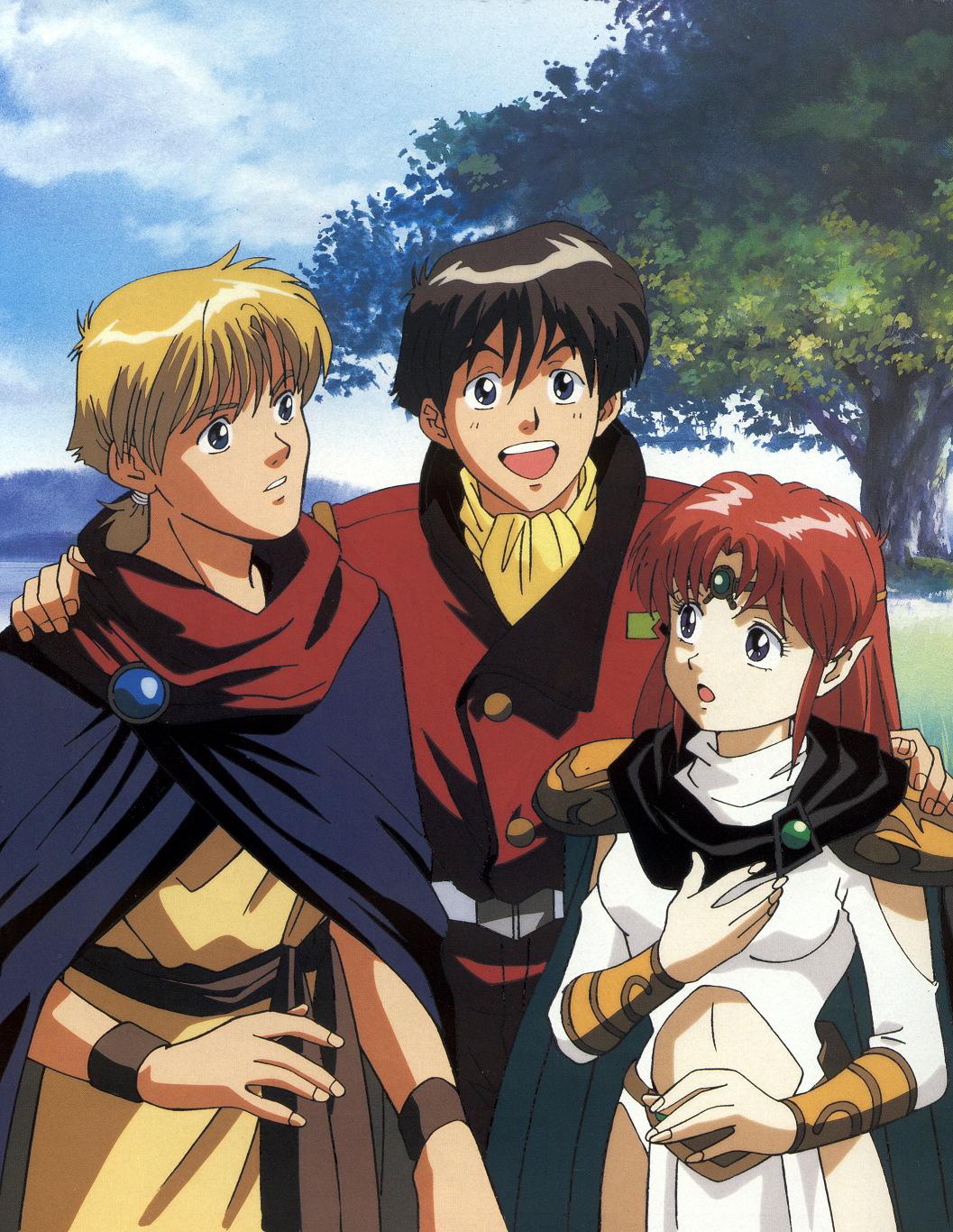 1girl, 2boys, 90s, :o, azalyn, blonde_hair, bracer, brown_eyes