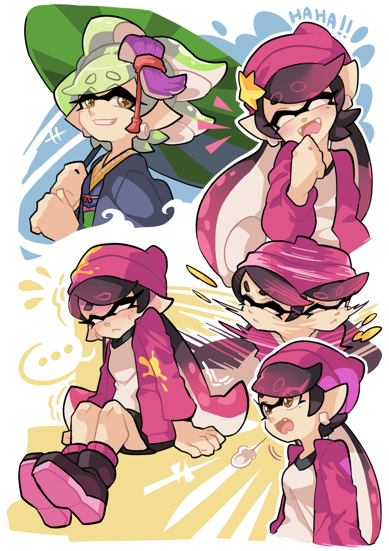 +_+, ..., 2girls, :d, =3, ankle_boots, arm_support, beanie