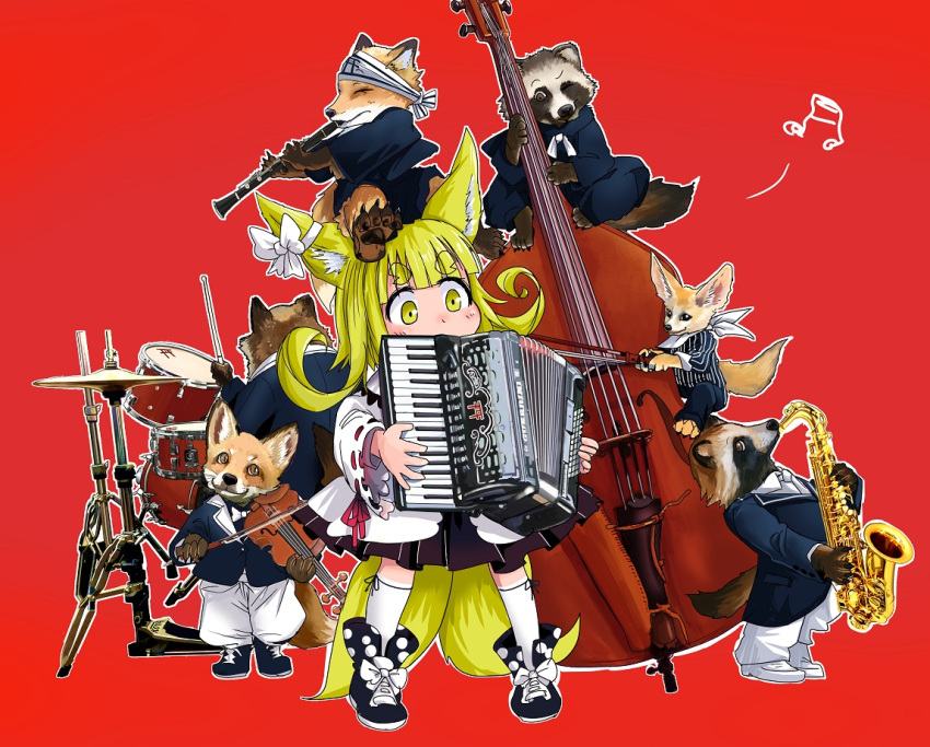 1girl, accordion, animal, animal_ears, black_dress, black_footwear, blonde_hair, bow