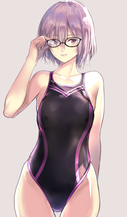 1girl, adjusting_eyewear, black-framed_eyewear, breasts, cafe_au_lait_(kafeore), competition_swimsuit, cowboy_shot, eyebrows_visible_through_hair