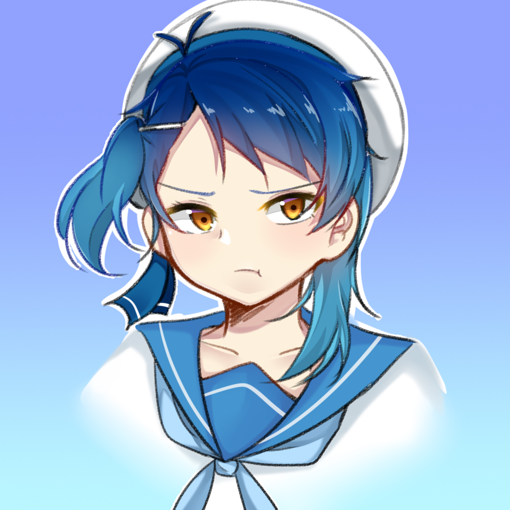 1girl, :t, bangs, blue_hair, blue_neckwear, blue_ribbon, blue_sailor_collar, blue_skirt, brown_eyes, collarbone, commentary, cropped_neck, fukae_(kantai_collection), gloves, hair_ornament, hairclip, hat, kantai_collection, kinoshita, portrait, pout, ribbon, rigging, sailor_collar, sailor_hat, school_uniform, serafuku, short_hair, sidelocks, skirt, turret, white_gloves, white_hat
