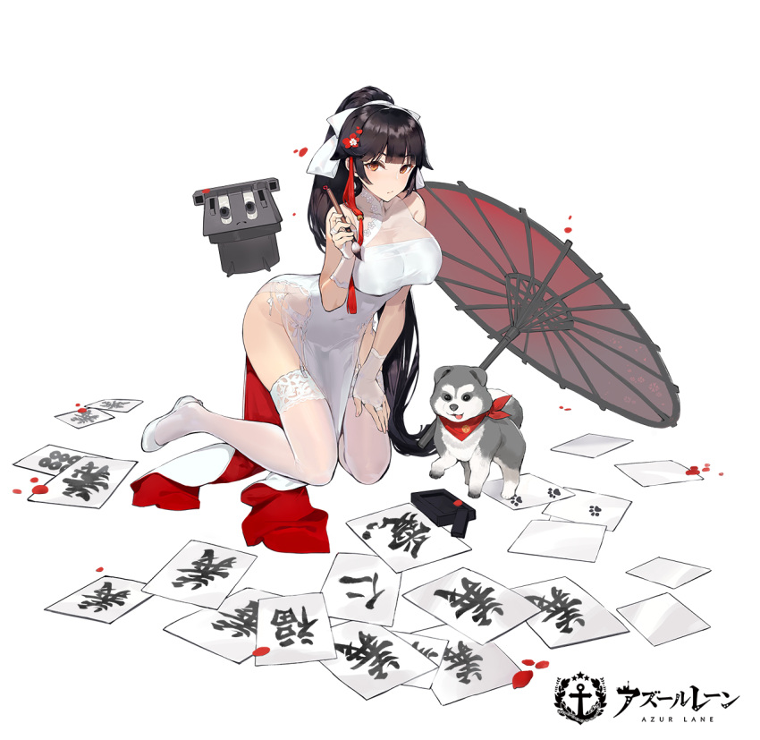 1girl, animal, azur_lane, bandanna, bangs, bare_shoulders, bending_forward, bent_over