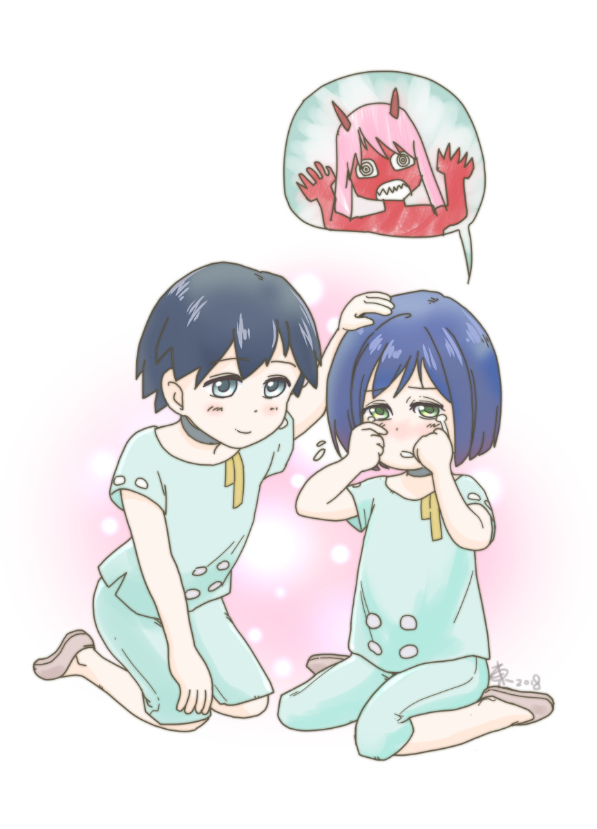1boy, 1girl, black_hair, blue_eyes, blue_hair, blush, brown_footwear, commentary