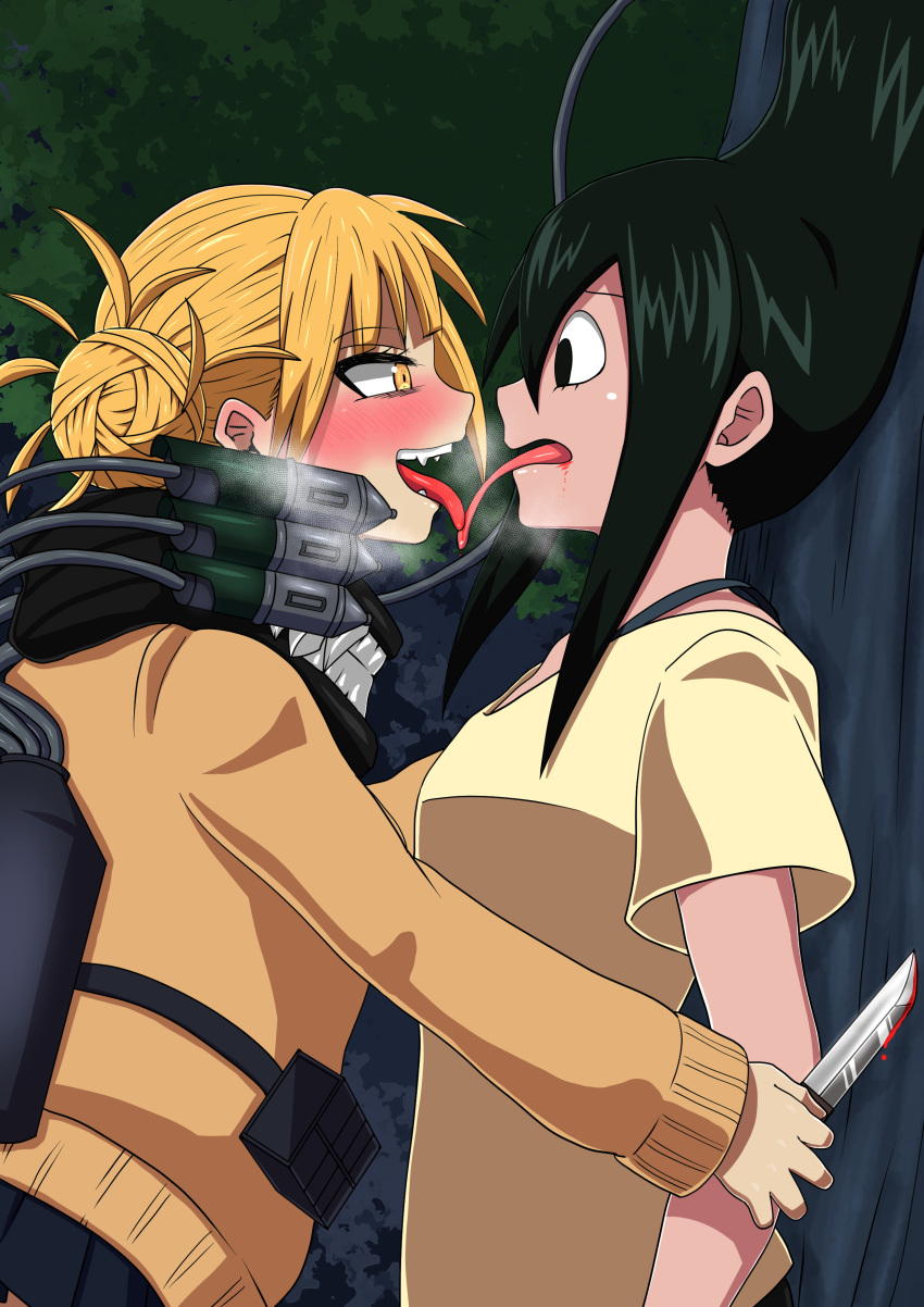 2girls, absurdres, against_tree, asui_tsuyu, blonde_hair, blush, boku_no_hero_academia, commentary_request, double_bun, fang, green_hair, hair_bun, heavy_breathing, highres, knife, long_tongue, looking_at_another, multiple_girls, oekakimannga, open_mouth, restrained, school_uniform, serafuku, shorts, skirt, smile, smilr, toga_himiko, tongue, tongue_out, tree, yuri