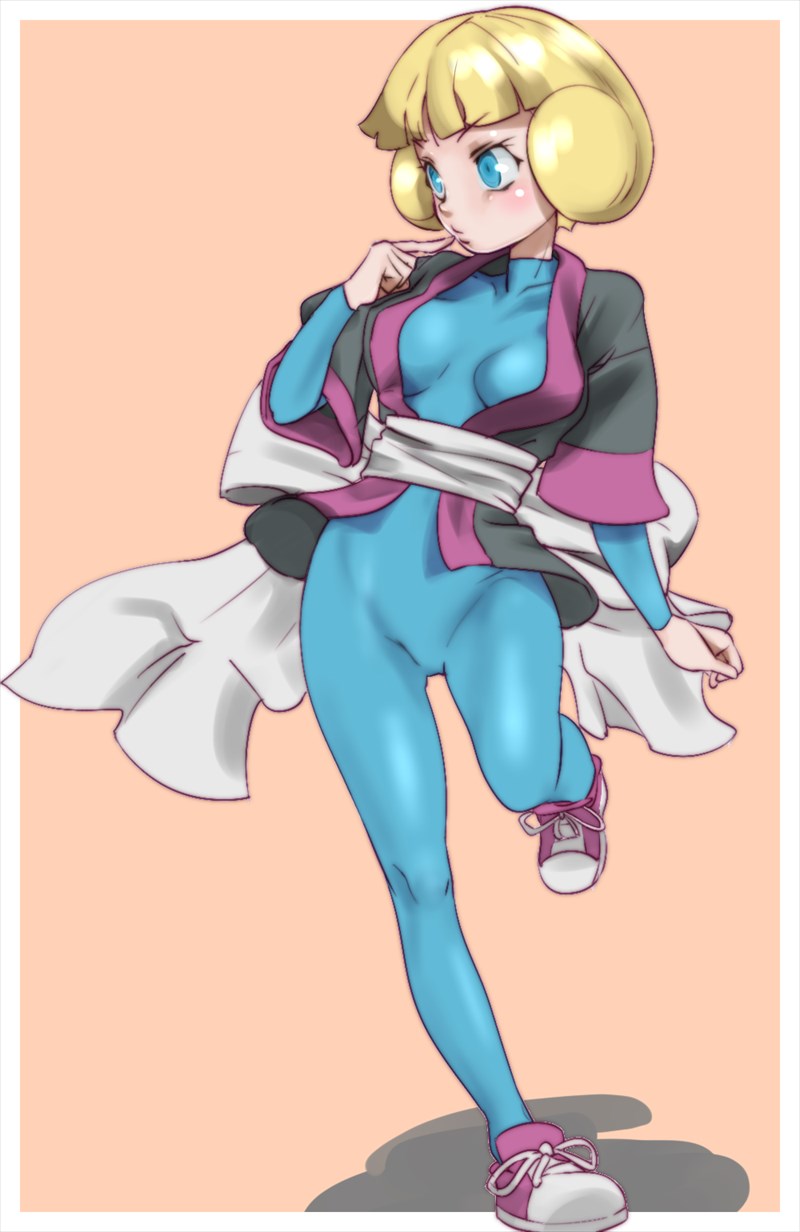 1girl, arm_at_side, bangs, blonde_hair, blue_bodysuit, blue_eyes, blunt_bangs, blush