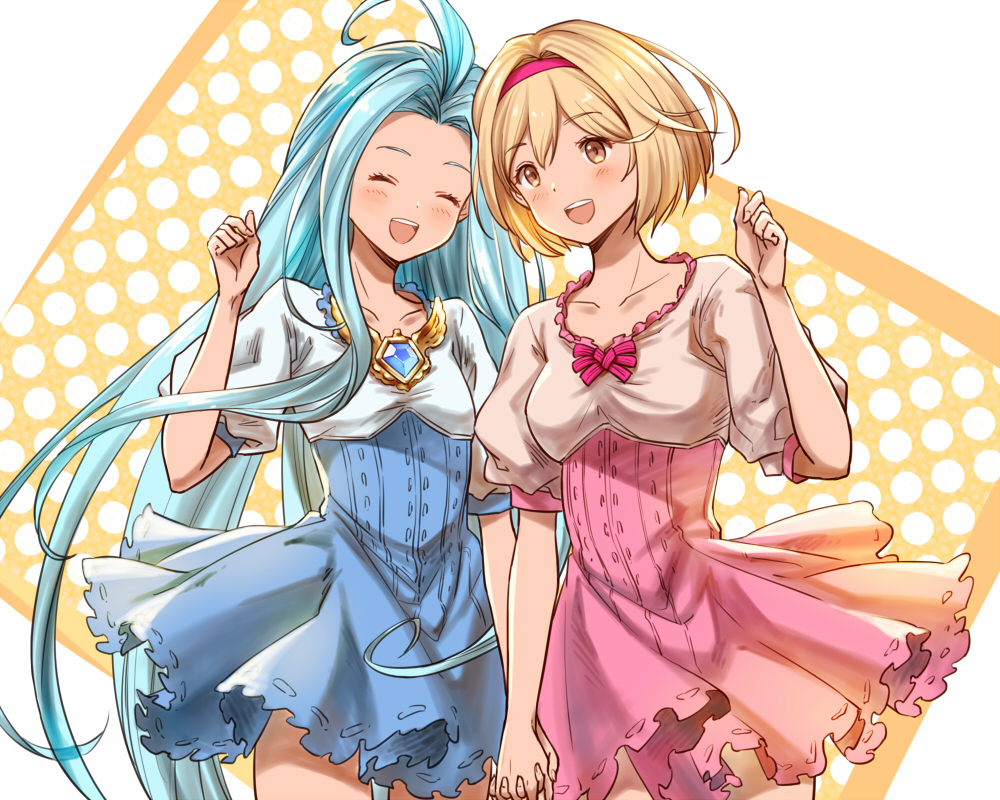 2girls, :d, ^_^, ahoge, blonde_hair, blue_hair, blue_skirt, blush, closed_eyes, djeeta_(granblue_fantasy), granblue_fantasy, hairband, hand_holding, interlocked_fingers, long_hair, lyria_(granblue_fantasy), multiple_girls, nekogohan, open_mouth, pink_hairband, pink_skirt, puffy_short_sleeves, puffy_sleeves, short_hair, short_sleeves, skirt, smile, standing, yellow_eyes