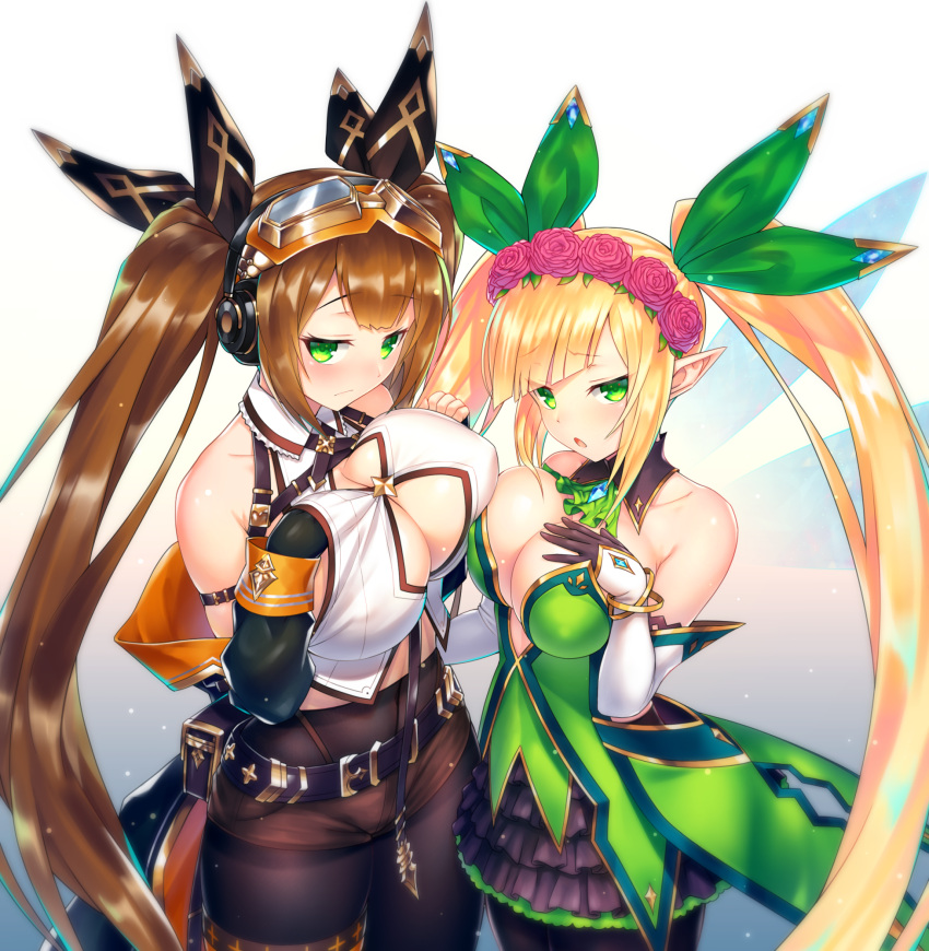 2girls, :o, arm_belt, armband, bad_anatomy, bangs, bare_shoulders, bettle_(b_s_a_n)