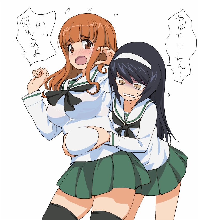2girls, a1, bangs, belly_grab, black_hair, black_legwear, black_neckwear, blouse, blunt_bangs, breasts, brown_eyes, cowboy_shot, envy, flab, flying_sweatdrops, girls_und_panzer, green_skirt, hairband, large_breasts, long_hair, long_sleeves, multiple_girls, neckerchief, ooarai_school_uniform, orange_eyes, orange_hair, pleated_skirt, reizei_mako, school_uniform, serafuku, simple_background, skirt, takebe_saori, translation_request, white_background, white_blouse, white_hairband
