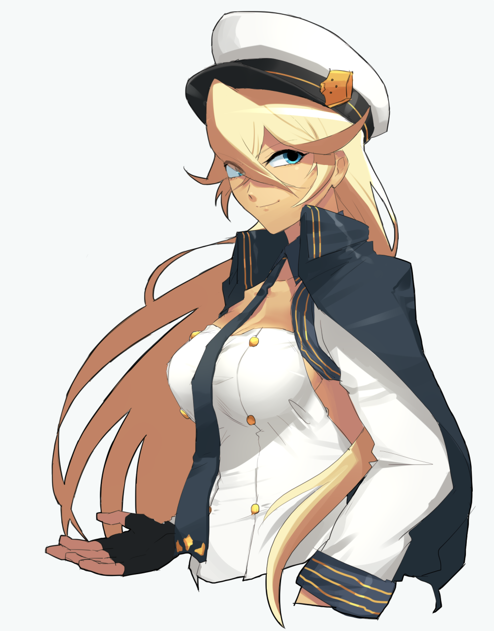 1girl, azur_lane, black_gloves, blonde_hair, blue_eyes, breasts, dark_skin, detached_collar