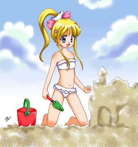 bikini, blonde_hair, bucket, frilled_bikini, frills, green_eyes, heppoko_kamijou_akira, kamio_misuzu