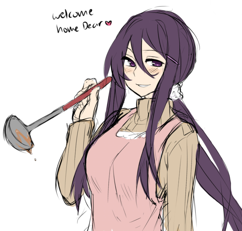 1girl, apron, blush, brown_sweater, doki_doki_literature_club, english, hair_between_eyes, hair_ornament