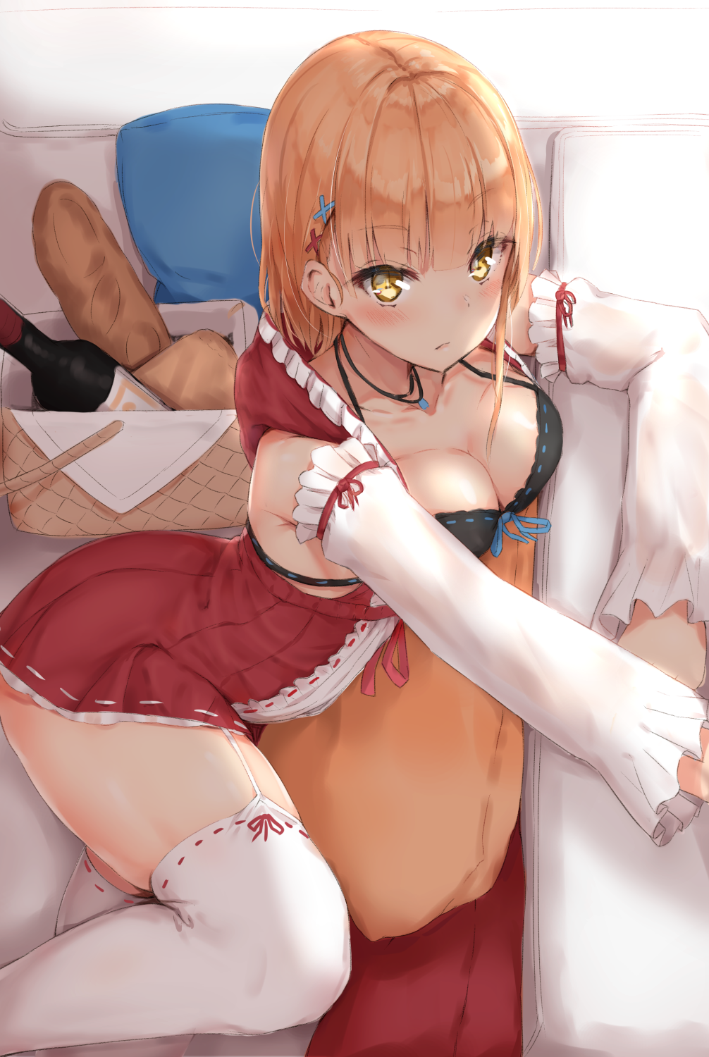 1girl, baguette, basket, black_bra, blonde_hair, blue_ribbon, bottle, bra, bread, breasts, cleavage, closed_mouth, commentary_request, couch, detached_sleeves, dress, food, garter_straps, highres, hood, hood_down, hooded_dress, long_sleeves, looking_at_viewer, medium_breasts, on_couch, original, pillow, red_dress, reinama, ribbon, ribbon-trimmed_bra, ribbon-trimmed_legwear, ribbon_trim, solo, underwear, white_legwear, wide_sleeves, wine_bottle, yellow_eyes