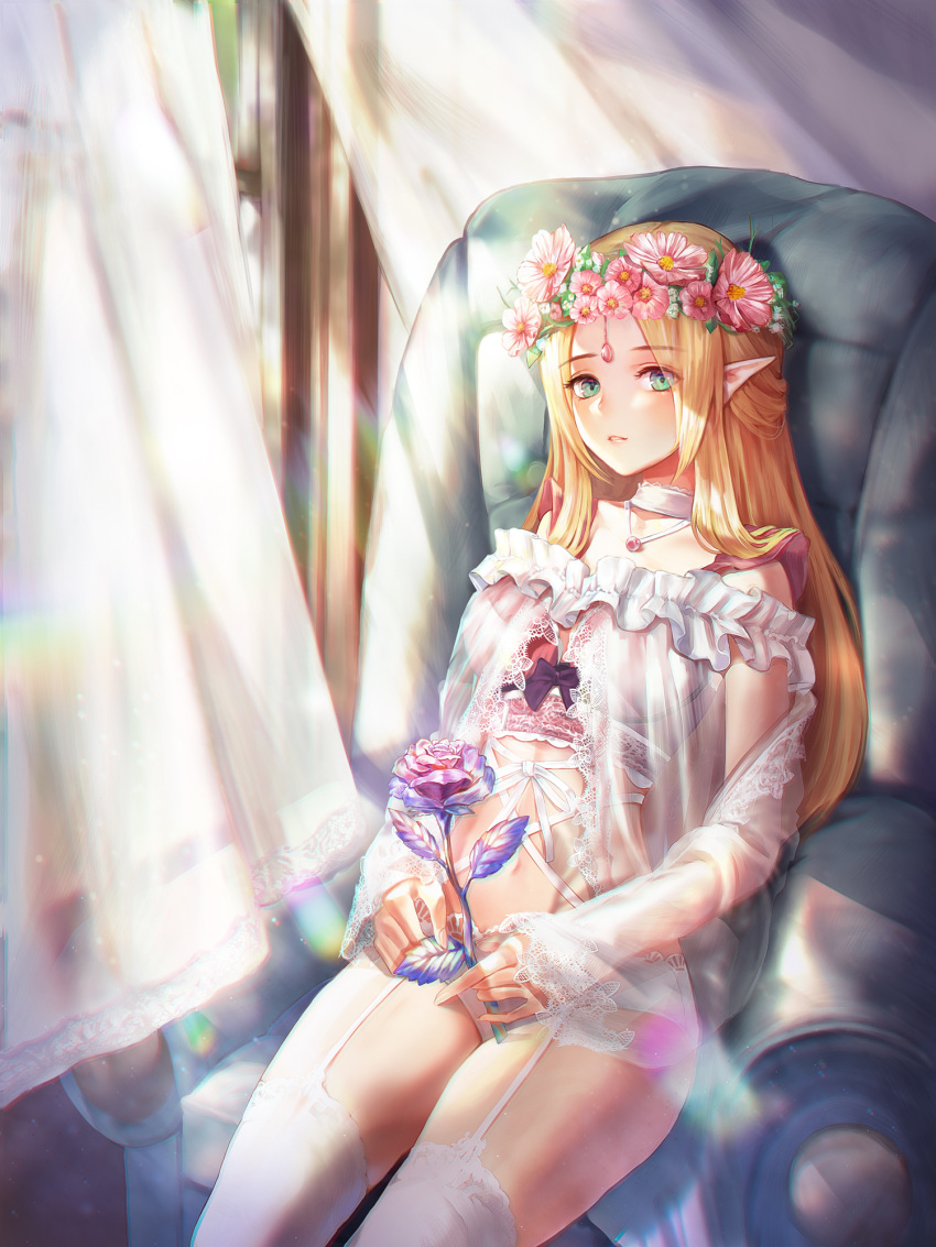 1girl, armchair, blonde_hair, blush, chair, choker, curtains, flower
