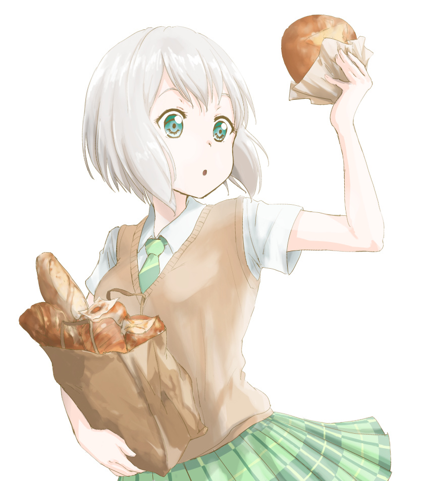 1girl, :o, aoba_moca, aqua_eyes, bag, bang_dream!, bob_cut, bread