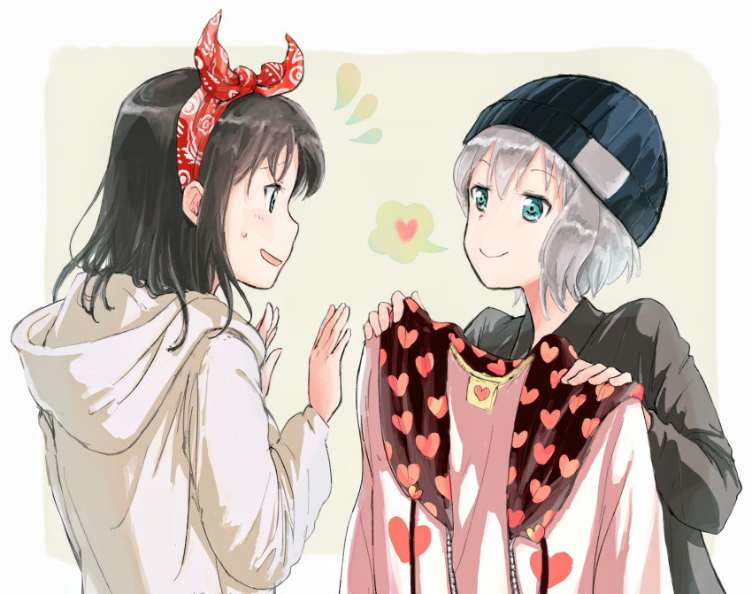 2girls, absurdres, aoba_moca, aqua_eyes, bandanna, bang_dream!, bang_dream!_girls_band_party!, bangs