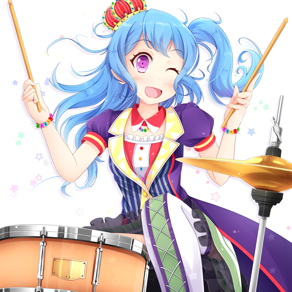 1girl, ;d, bang_dream!, bangs, bead_bracelet, bead_necklace, beads, blue_hair