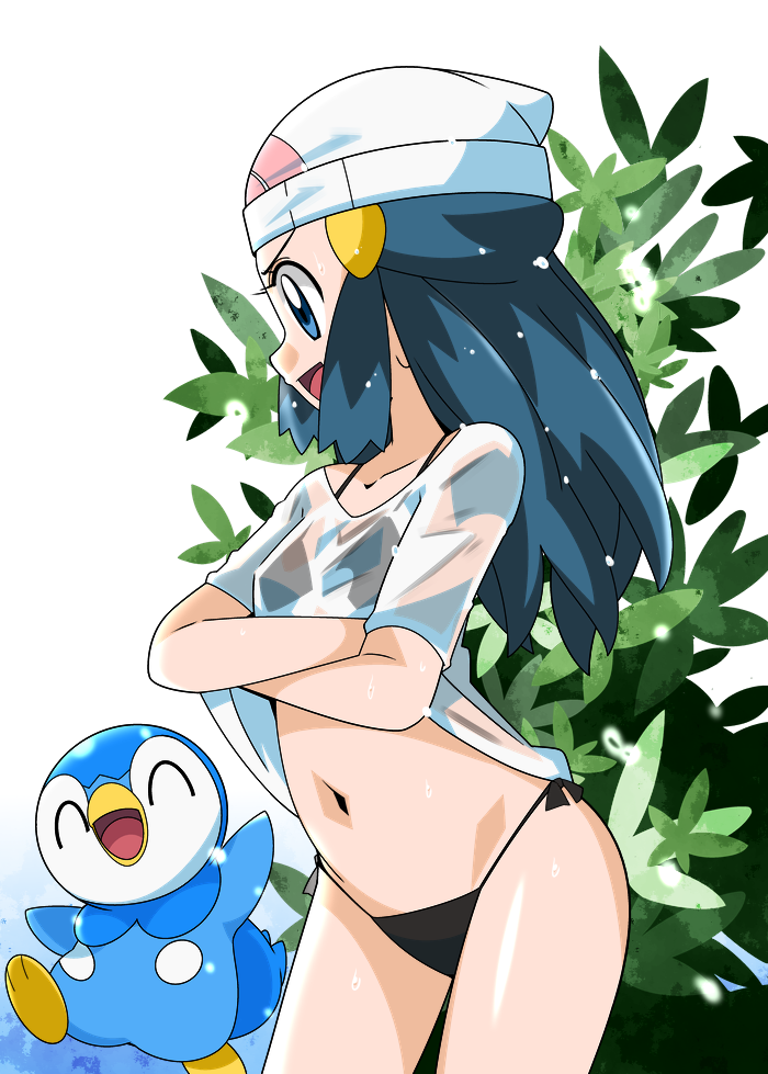 >:d, 1girl, beanie, bikini, black_bikini, blue_eyes, blue_hair, closed_eyes
