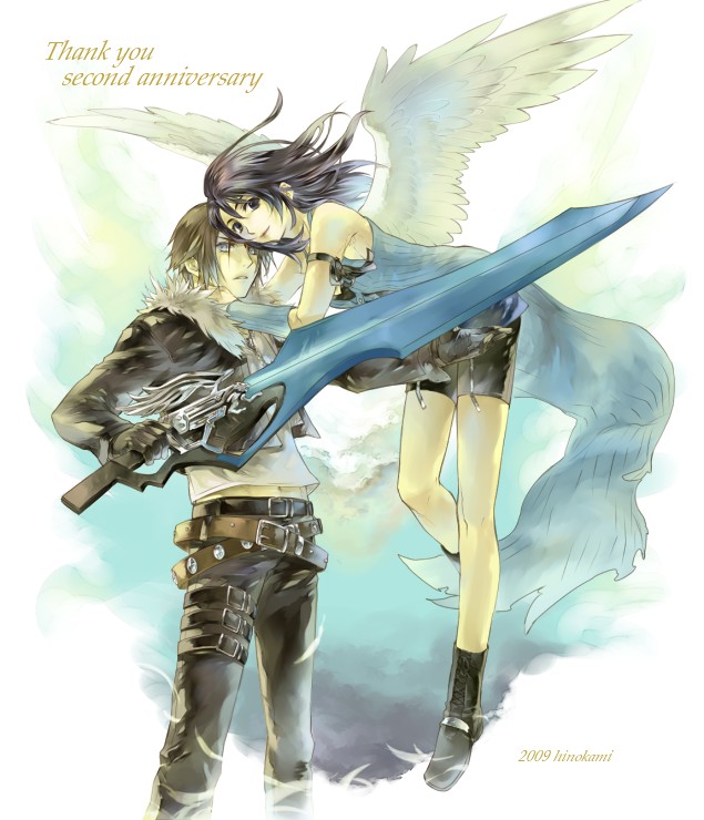 1boy, 1girl, angel_wings, anniversary, arm_ribbon, arm_warmers, belt, bike_shorts