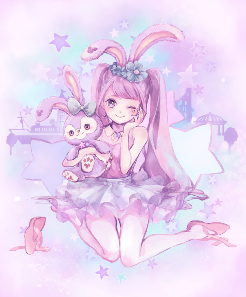 1girl, ;), animal_ears, ballet_slippers, blush, cia0_cia, disney, dress