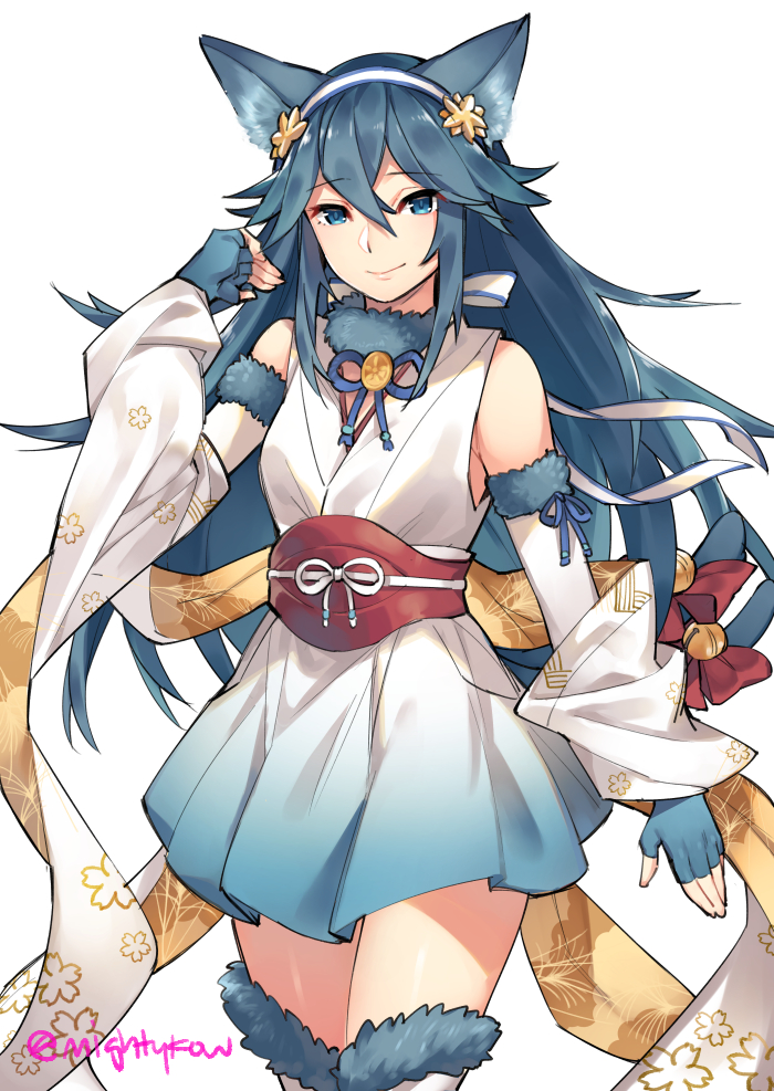 1girl, animal_ears, bangs, bell, blue_eyes, blue_hair, bow, cat_ears, cat_tail, closed_mouth, cosplay, detached_sleeves, eyebrows_visible_through_hair, fingerless_gloves, fire_emblem, fire_emblem:_kakusei, fire_emblem_heroes, fire_emblem_if, fur_collar, fur_trim, gebyy-terar, gloves, hair_between_eyes, hairband, japanese_clothes, jewelry, jingle_bell, kimono, long_hair, looking_at_viewer, lucina, multiple_tails, nekomata, obi, sakura_(fire_emblem_if), sakura_(fire_emblem_if)_(cosplay), sash, short_kimono, simple_background, single_earring, smile, solo, tail, tail_bell, tail_bow, thigh-highs, tiara, two_tails, white_background, zettai_ryouiki