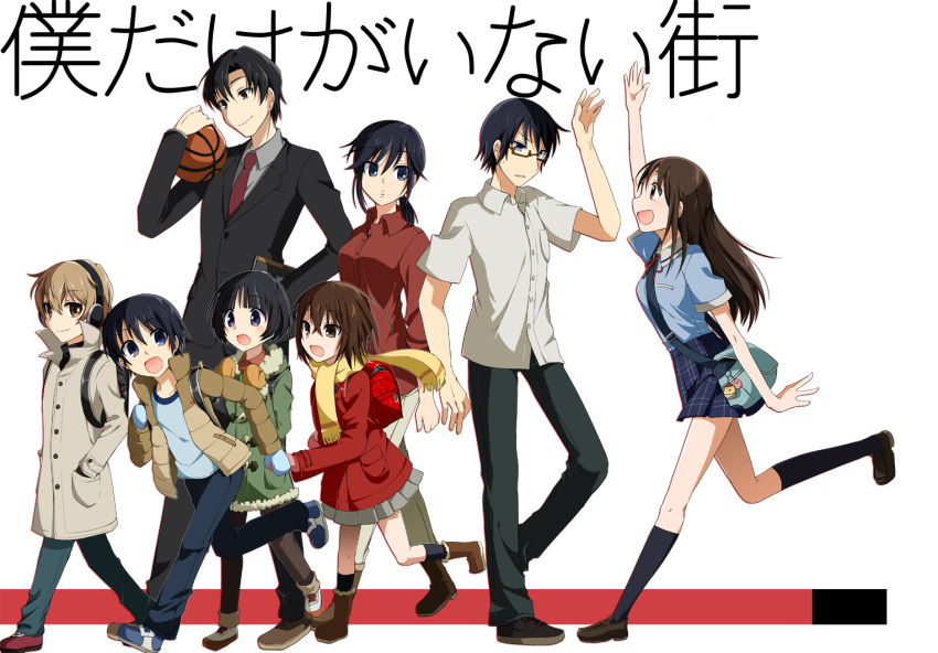 3girls, 5boys, :d, backpack, bag, bag_charm, basketball, black_hair