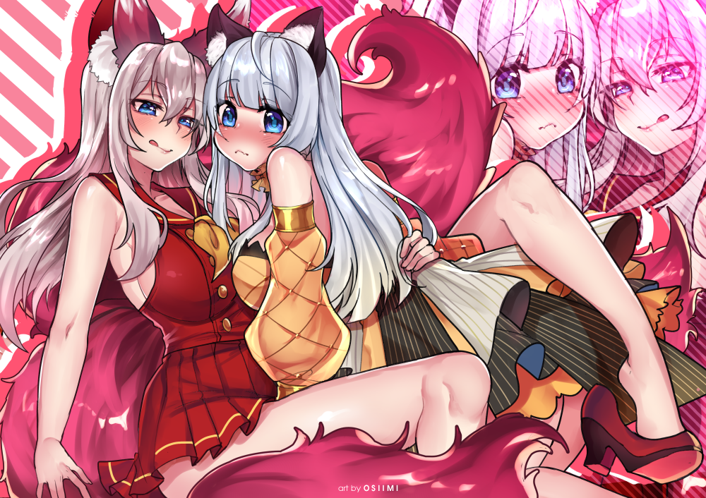 2girls, :<, :q, ahoge, animal_ears, bangs, bare_arms, bare_shoulders