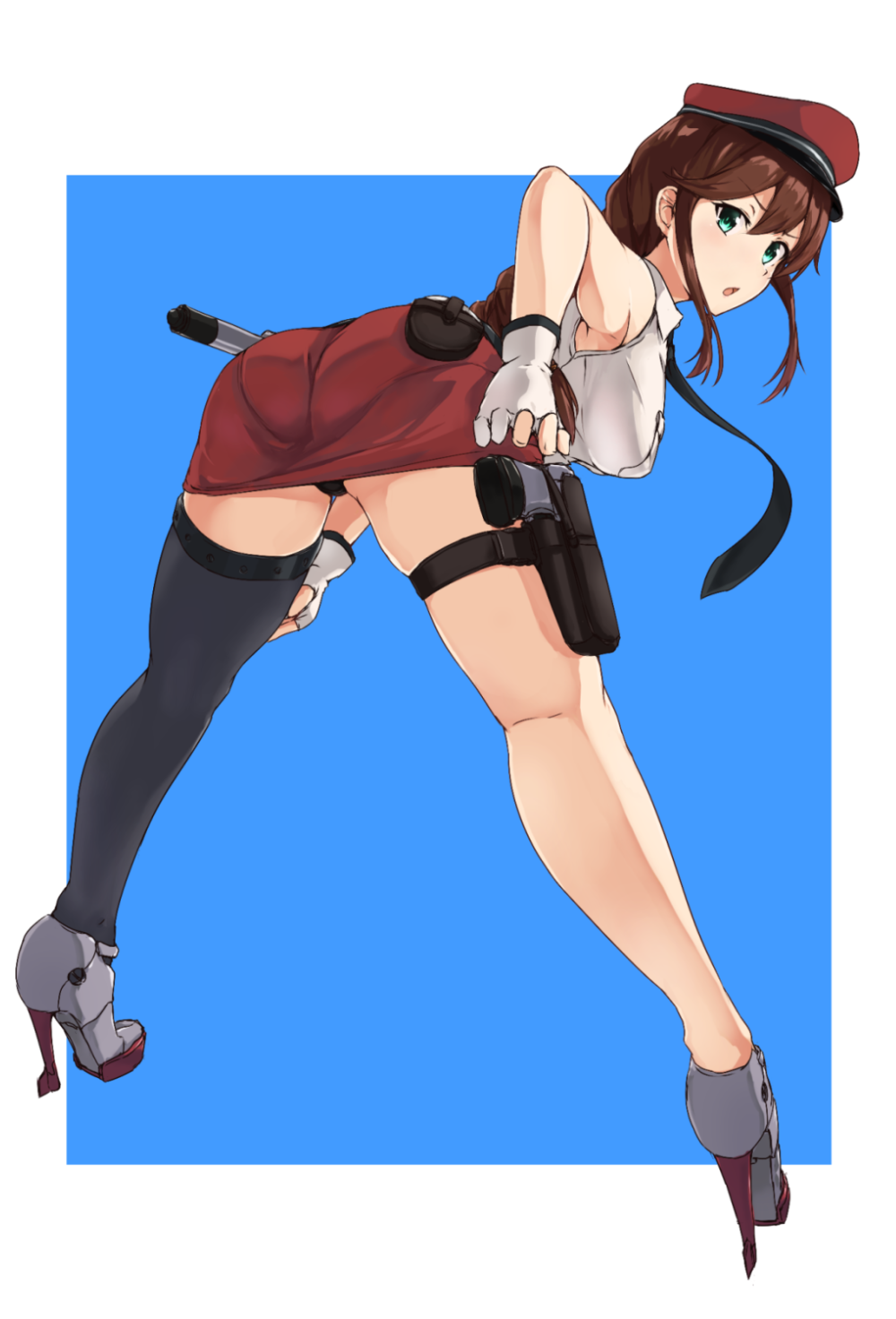 1girl, asymmetrical_legwear, bangs, belt, braid, brown_hair, gloves, green_eyes