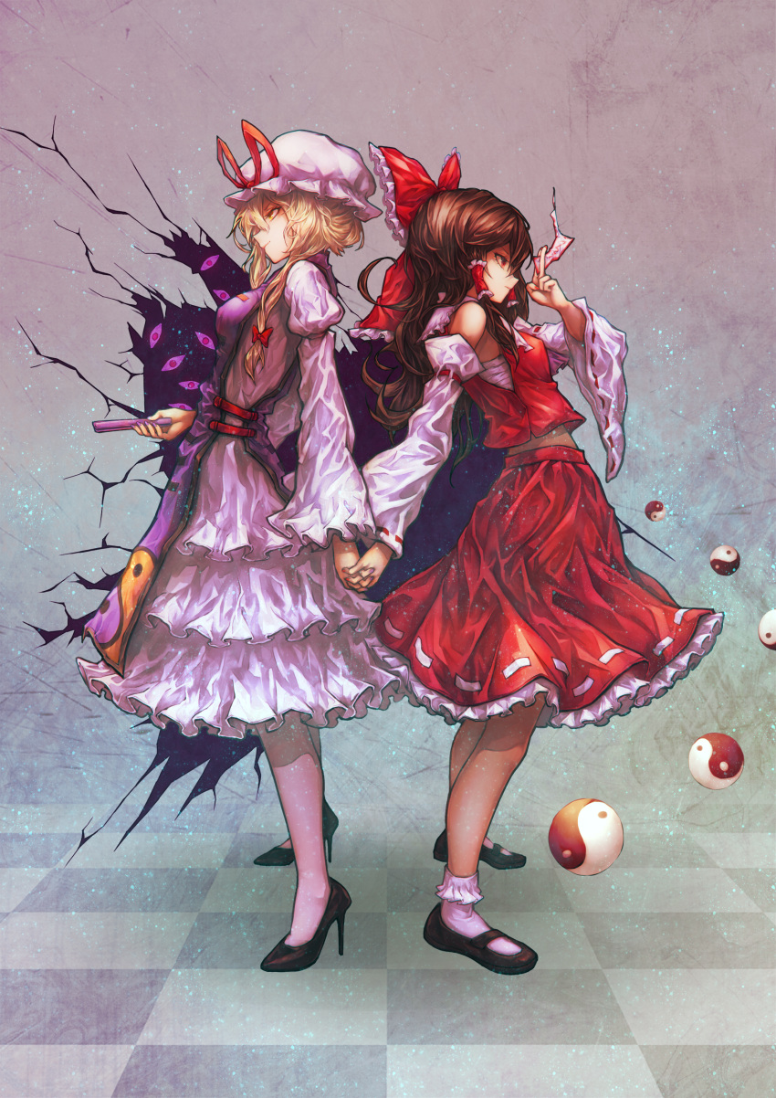 2girls, absurdres, back-to-back, bangs, between_fingers, black_footwear, blonde_hair, bobby_socks