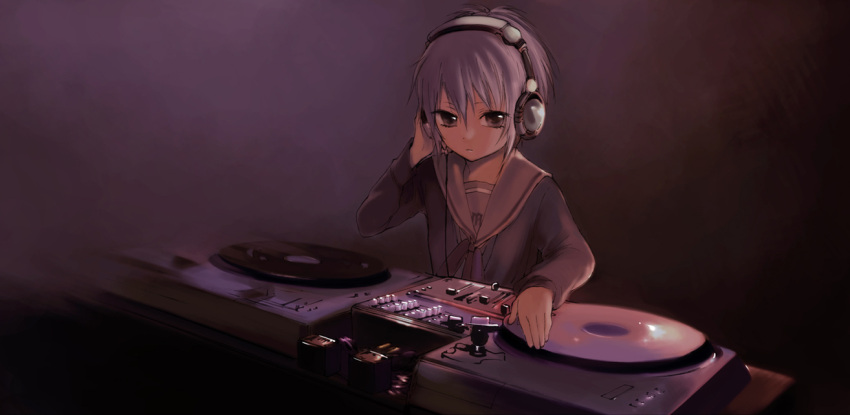 dj, headphones, mixer, nagato_yuki, phonograph, school_uniform, short_hair, silver_hair
