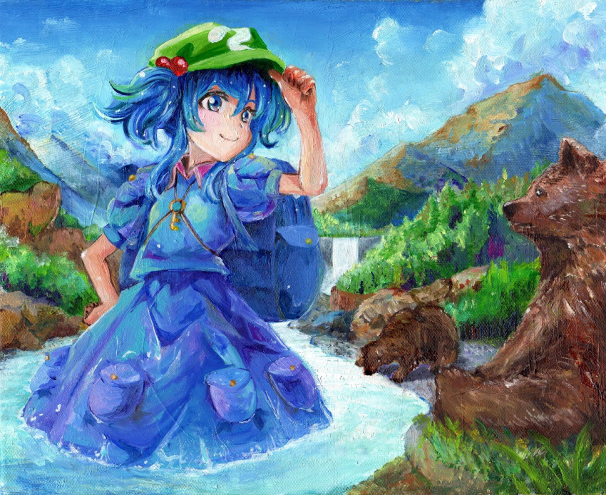 1girl, backpack, bag, bear, blue_backpack, blue_eyes, blue_hair, blue_shirt