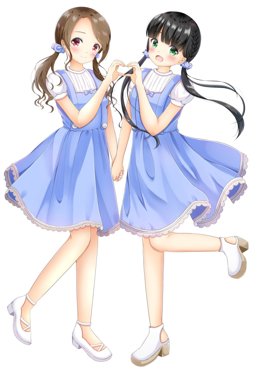 2girls, :d, bangs, black_hair, blue_dress, blue_scrunchie, blush, brown_hair