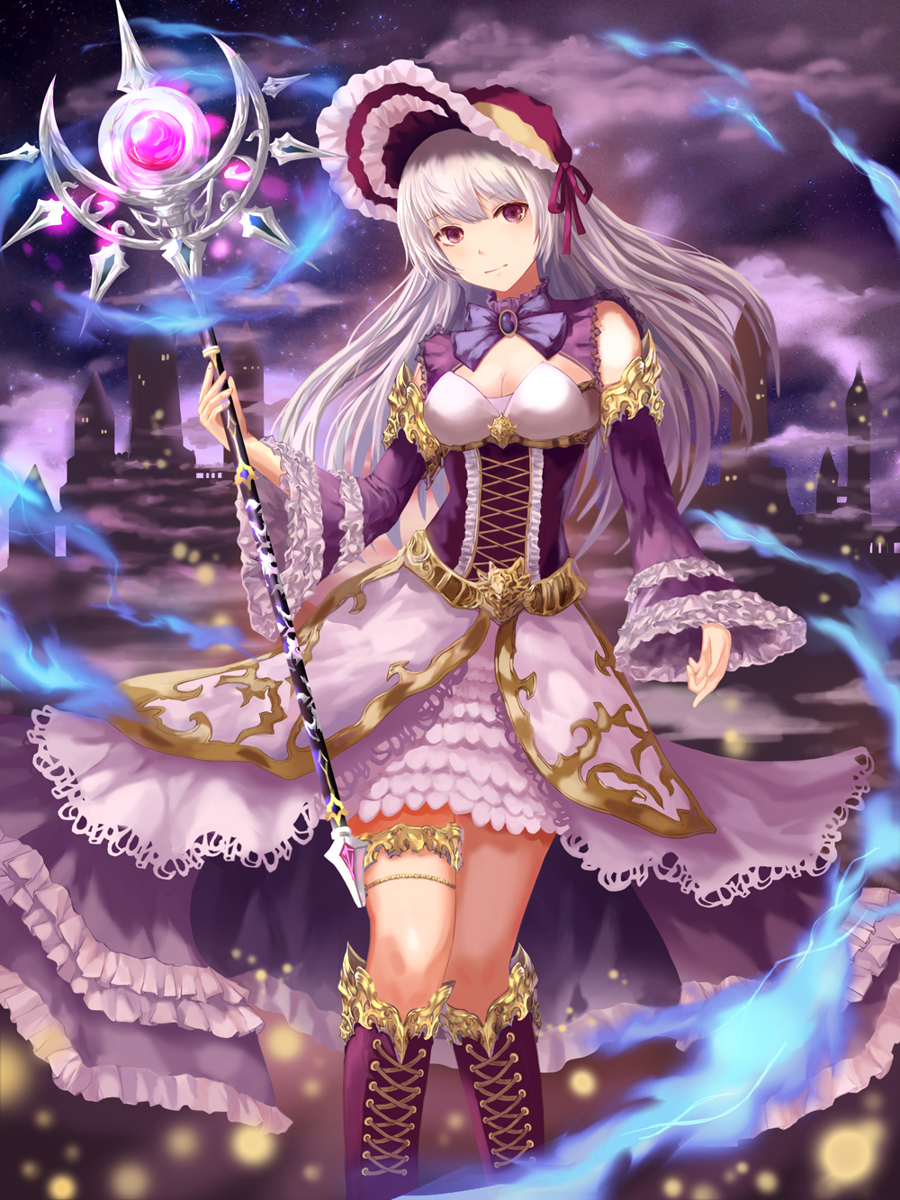 1girl, bonnet, boots, breasts, castle, clouds, dew_(7302235), dress