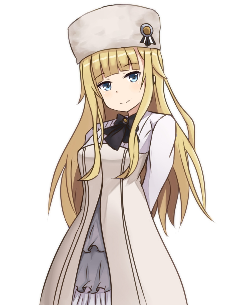 1girl, arms_behind_back, bangs, black_bow, blonde_hair, blue_eyes, blush, bow