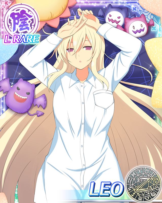 1girl, arms_up, blonde_hair, card_(medium), character_name, leo_(senran_kagura), long_hair, lying
