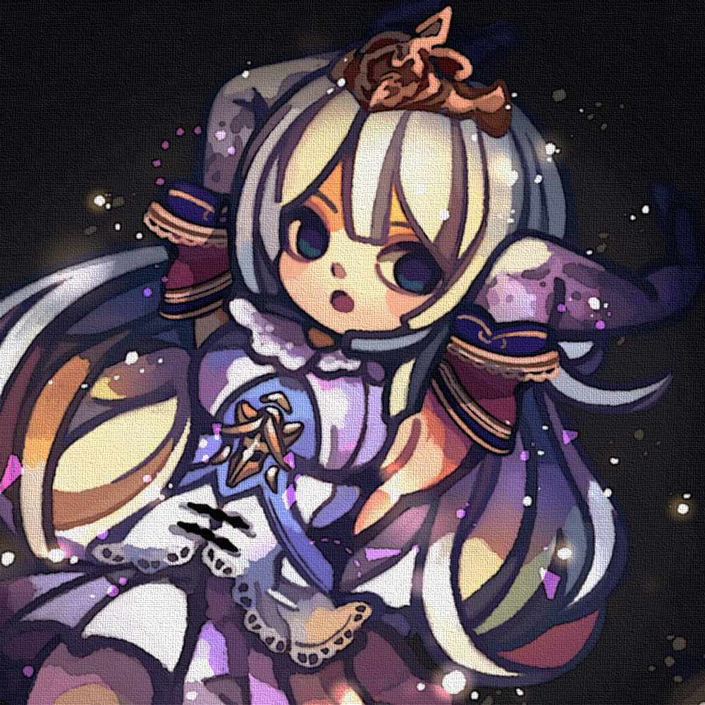 1girl, :o, arms_behind_head, arms_up, bangs, black_background, blue_eyes, breasts, cowboy_shot, deus_ex_machina_(shadowverse), elbow_gloves, empty_eyes, eyebrows, gloves, hair_between_eyes, large_breasts, light_particles, long_hair, miniskirt, no_bra, open_mouth, pleated_skirt, shadowverse, shirt, sideboob, skirt, sleeveless, sleeveless_shirt, solo, tiara, tongue, white_gloves, white_hair, white_skirt, yukino_super