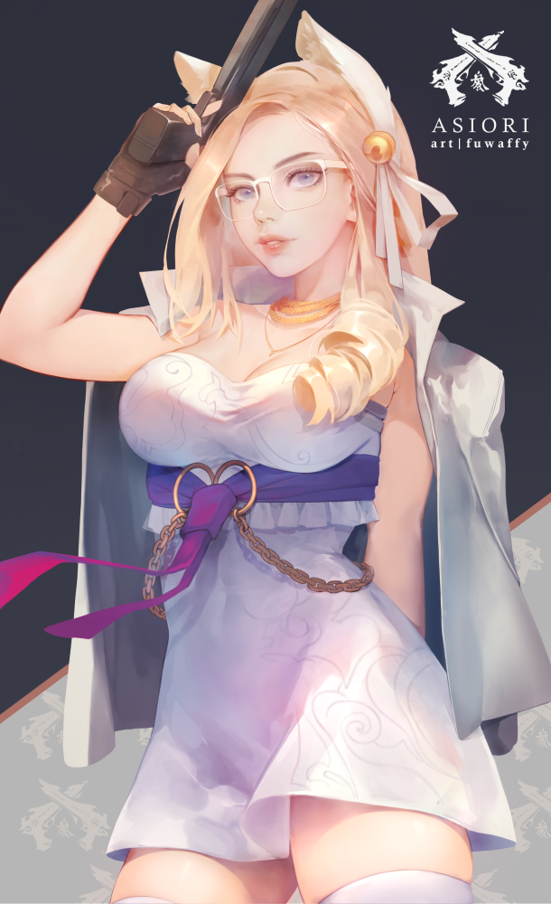 1girl, animal_ears, arm_behind_back, arm_up, artist_name, bell, blade_&amp;_soul, blue_eyes, breasts, cat_ears, cowboy_shot, dress, drill_hair, fuwaffy, gun, hair_bell, hair_ornament, hair_ribbon, handgun, holding, holding_gun, holding_weapon, lips, long_hair, looking_at_viewer, medium_breasts, ribbon, solo, square_glasses, thigh-highs, weapon, white-framed_eyewear, white_dress, white_legwear, white_ribbon, zetta_(phantom_kingdom)_(book)