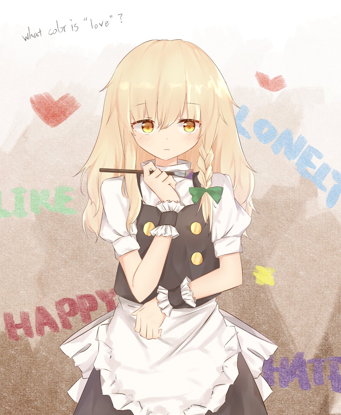 1girl, apron, blonde_hair, blush, braid, commentary, english, frown
