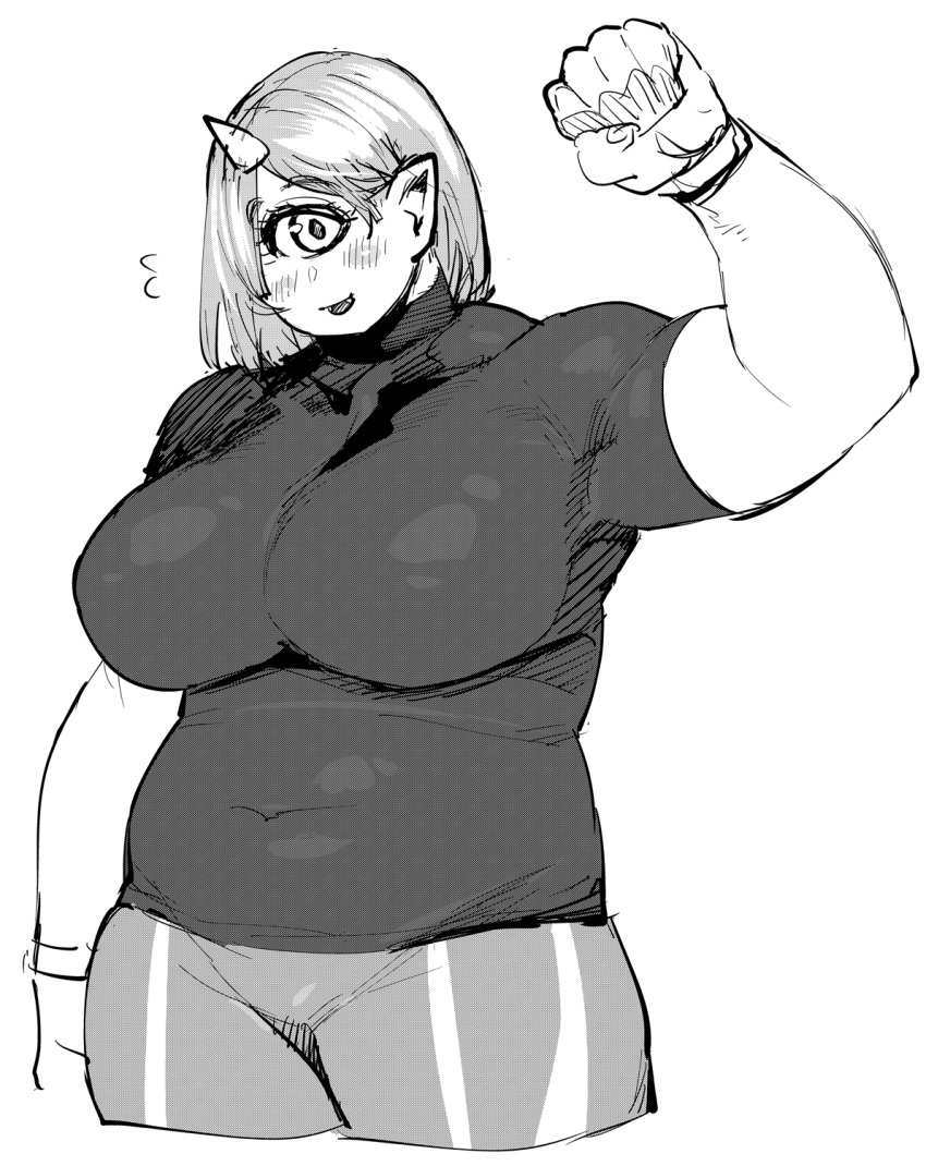 arm_at_side, bangs, belly, big_belly, blush, breasts, covered_navel, cyclops, elf-san_wa_yaserarenai., fangs, fat, fist_shaking, highres, horn, huge_breasts, looking_at_viewer, navel, one-eyed, open_mouth, parted_bangs, plump, pointy_ears, shirt, striped, striped_legwear, synecdoche, t-shirt, thighs