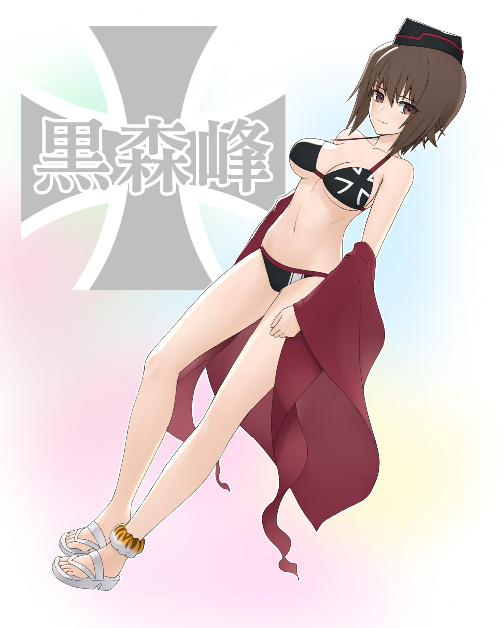 1girl, anklet, bangs, bikini, black_bikini, black_hat, brown_eyes, brown_hair